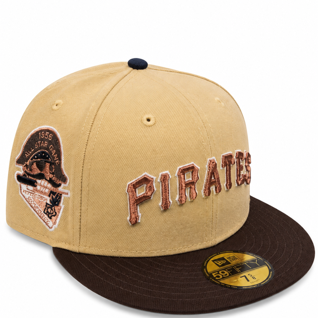 Pittsburgh Pirates tan and brown New Era 59FIFTY fitted hat - side patch view