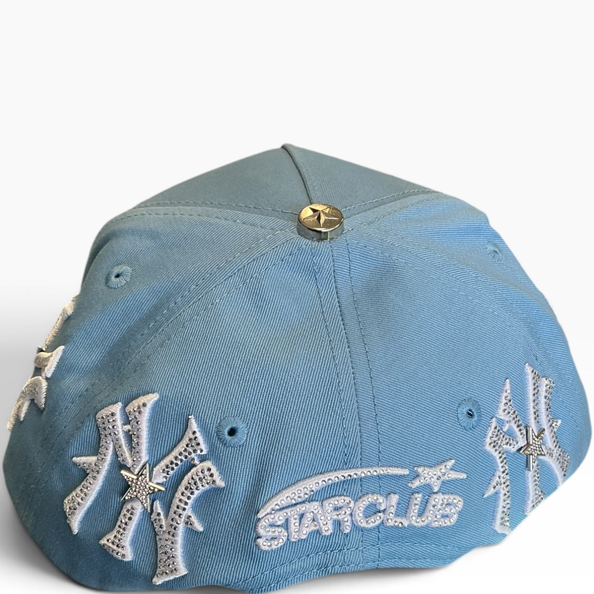 NY baby blue star hat with rhinestone details - side view