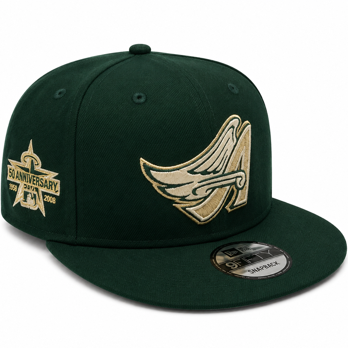 Angels winged A green and gold snapback with anniversary patch - side view