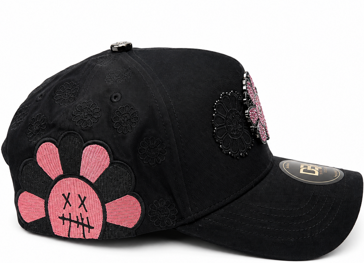 Black and pink rhinestone floral snapback - alternate angle