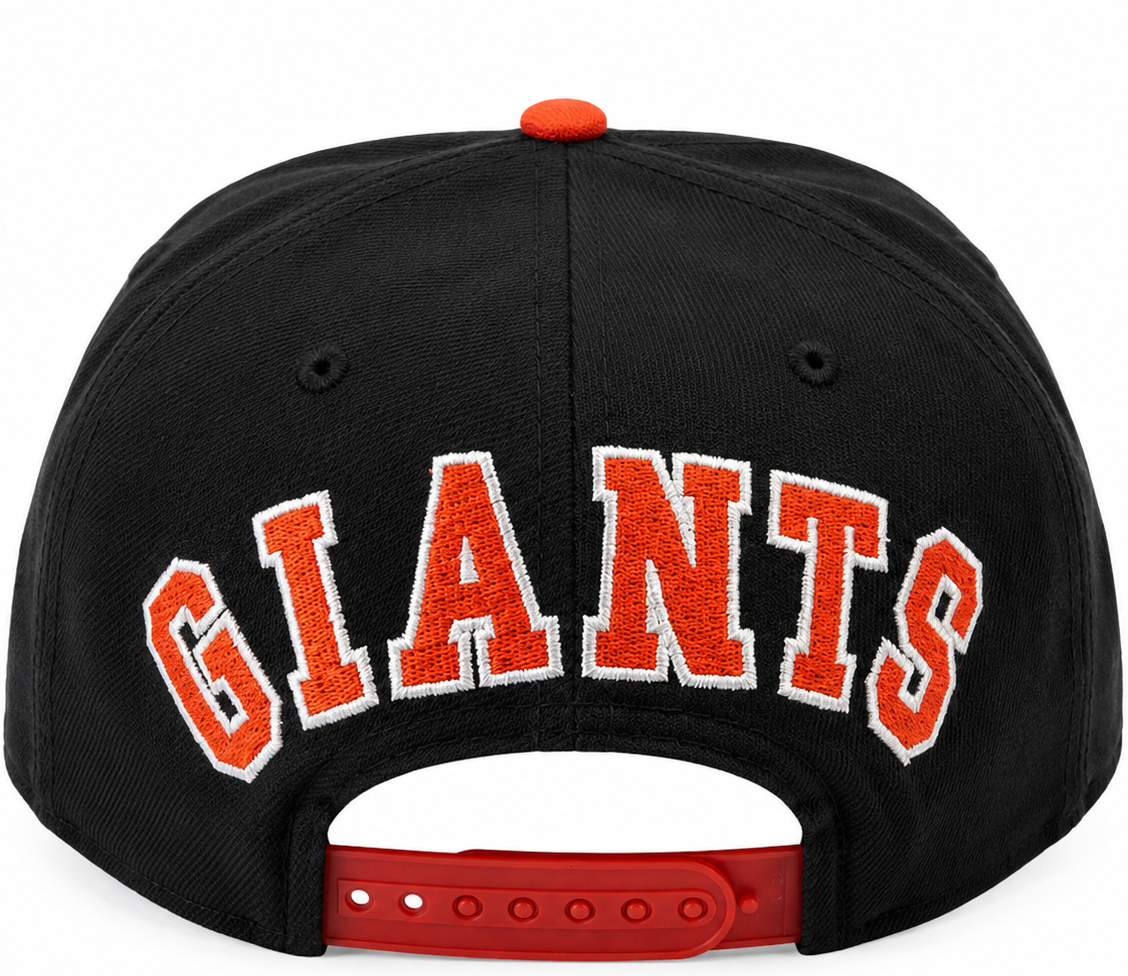 New Era San Francisco Giants black 9FIFTY snapback hat with orange GIANTS embroidery - front view