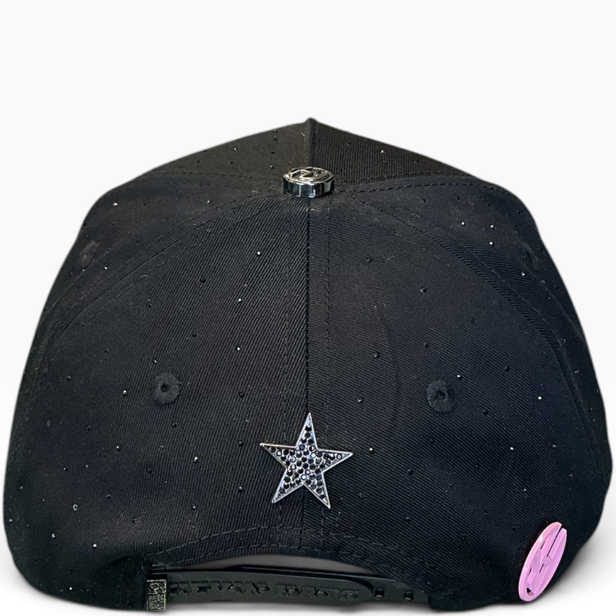 Black and pink LA star snapback with rhinestone accents - side view