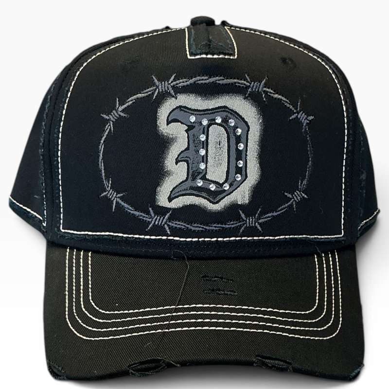 Dandy black barbed wire rhinestone distressed snapback hat - front view
