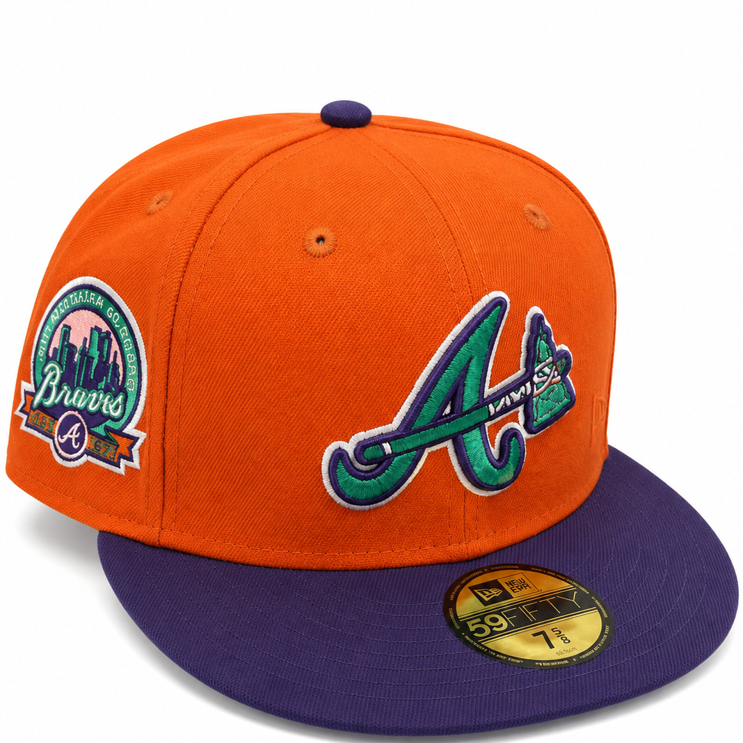 Atlanta Braves orange and purple New Era 59FIFTY fitted hat - side view