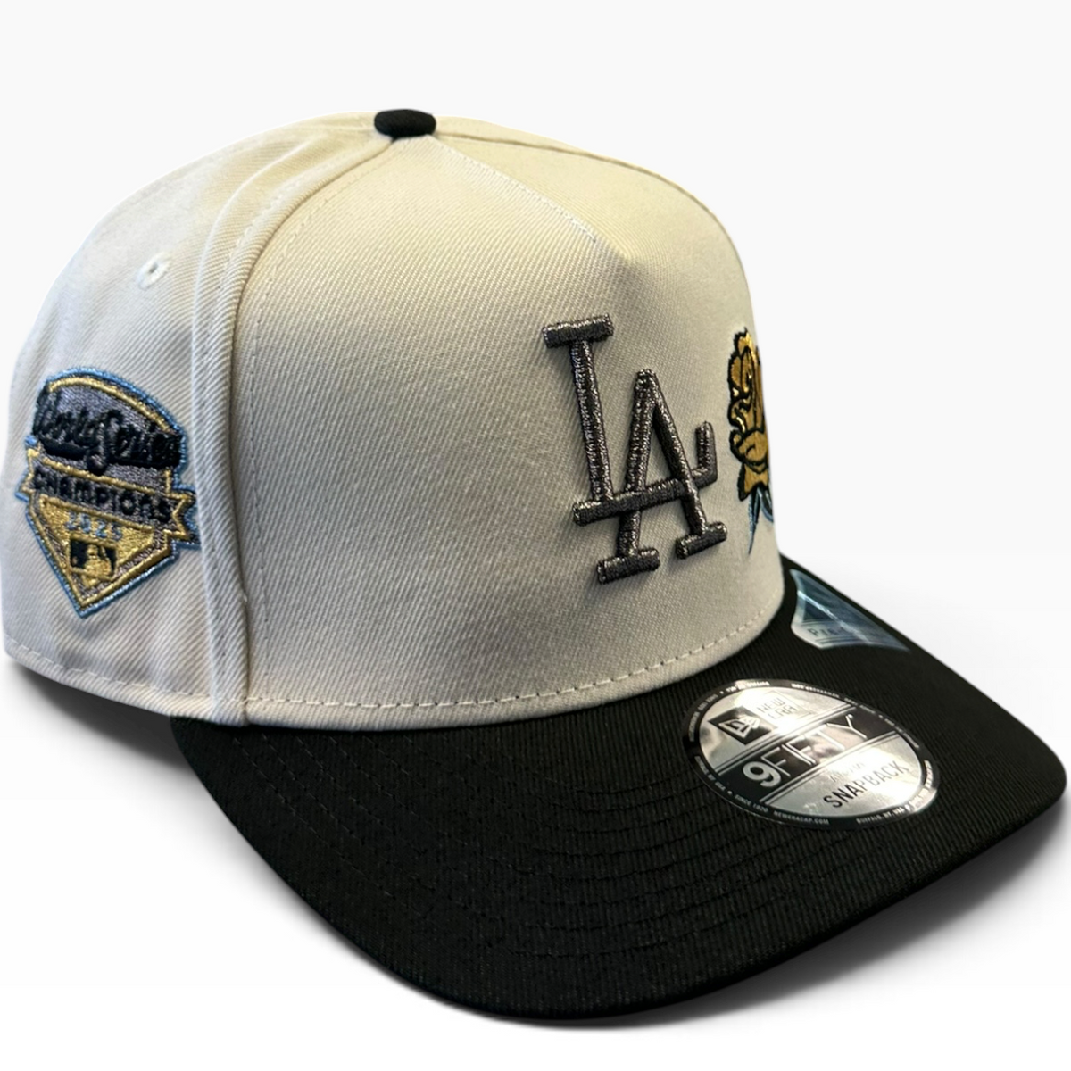 Los Angeles Dodgers cream and black rose New Era 9FIFTY A-Frame snapback hat - front view