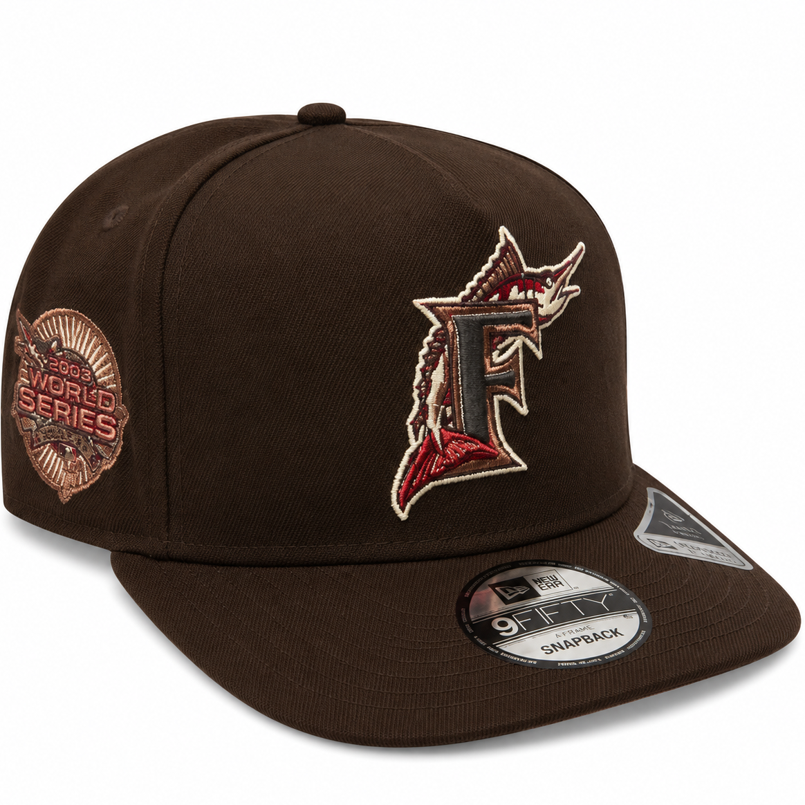 Marlins brown A-Frame snapback with 2003 World Series side patch - side view