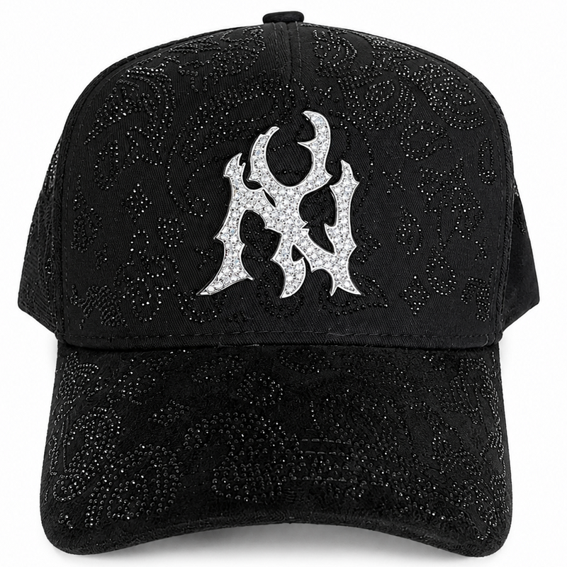 Black rhinestone paisley luxury cap with all-over paisley design - front view