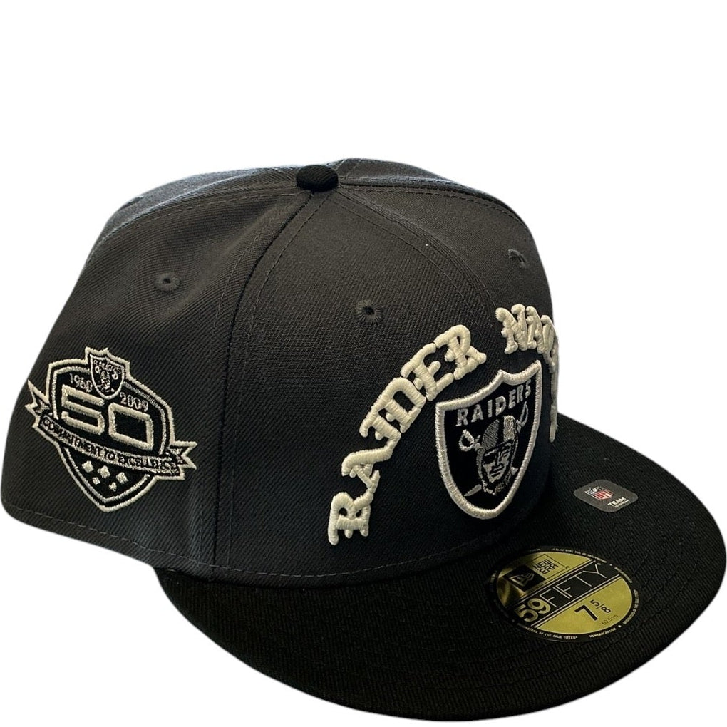 Las Vegas Raiders black and cream New Era 59FIFTY fitted hat - side view
