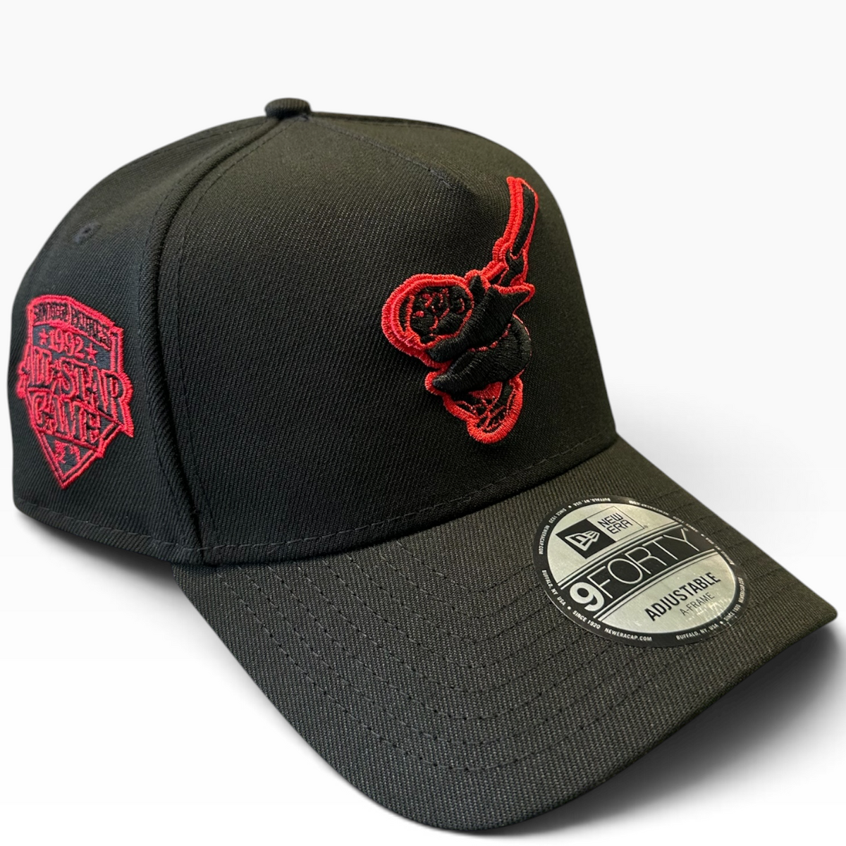 Baltimore Orioles black and red New Era 9FORTY A-Frame adjustable hat - side view
