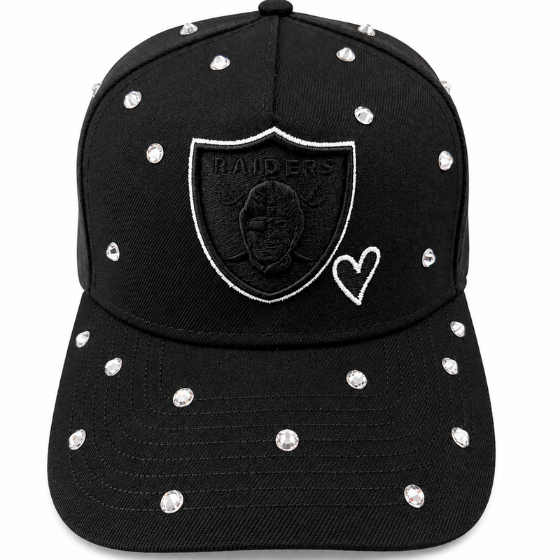 Raiders black rhinestone heart snapback hat with crystal-covered crown - front view
