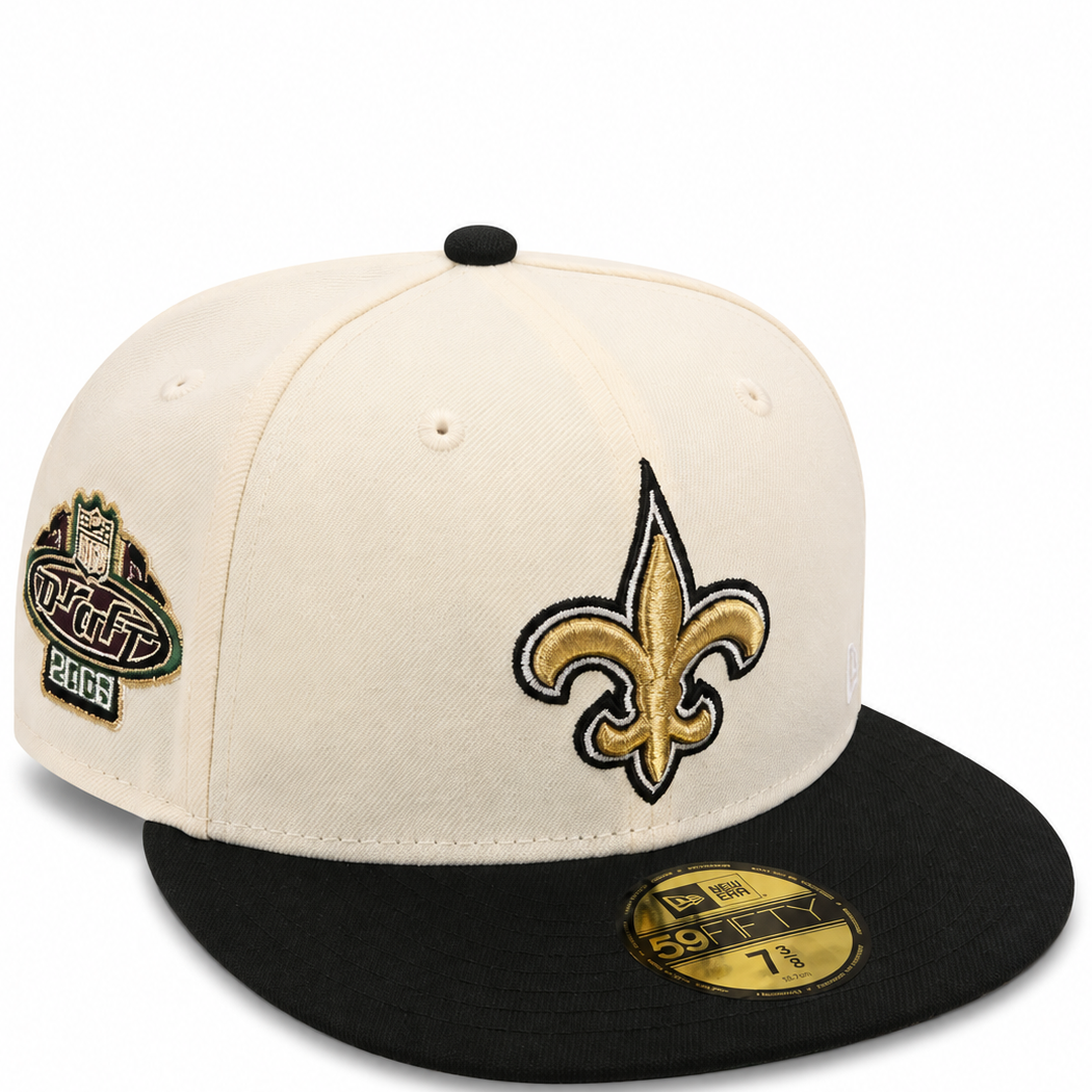New Orleans Saints cream and black New Era 59FIFTY fitted hat - side patch view