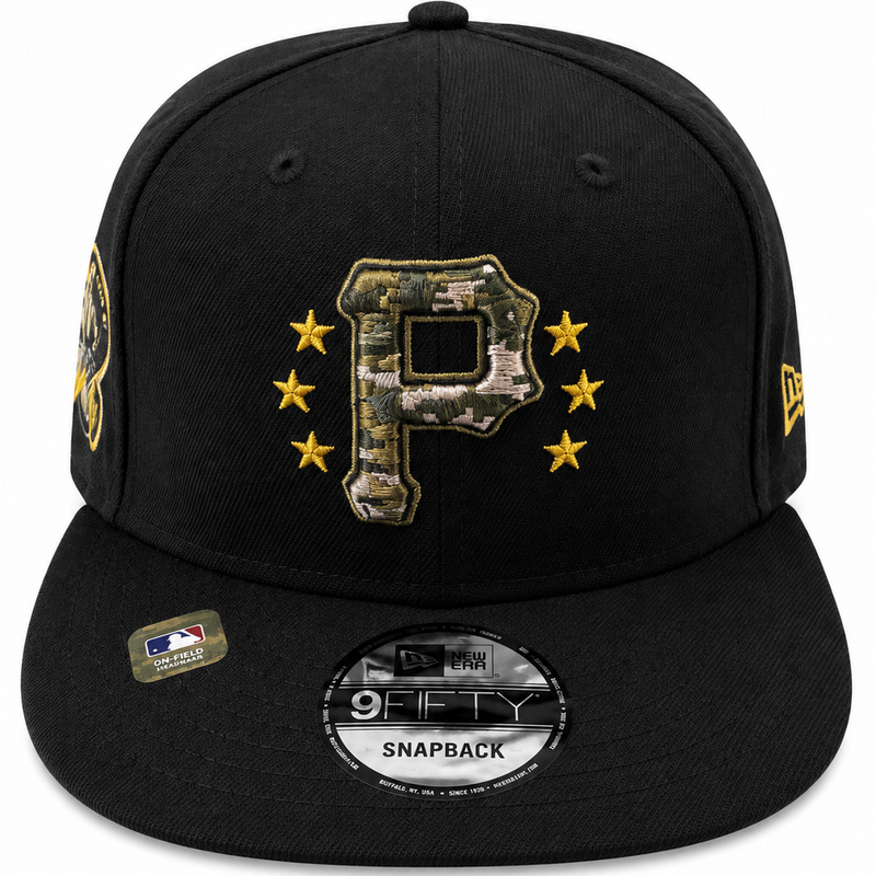 Pirates black camo snapback with military-inspired side patch - side view