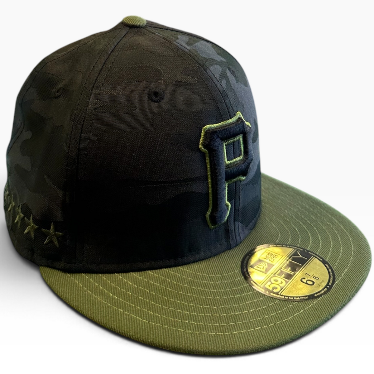 Pittsburgh Pirates Camo Olive New Era 59FIFTY fitted hat - front view