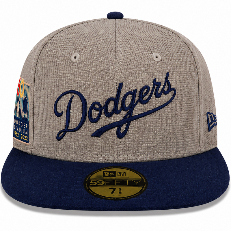 Los Angeles Dodgers taupe and navy New Era 59FIFTY fitted hat - front view