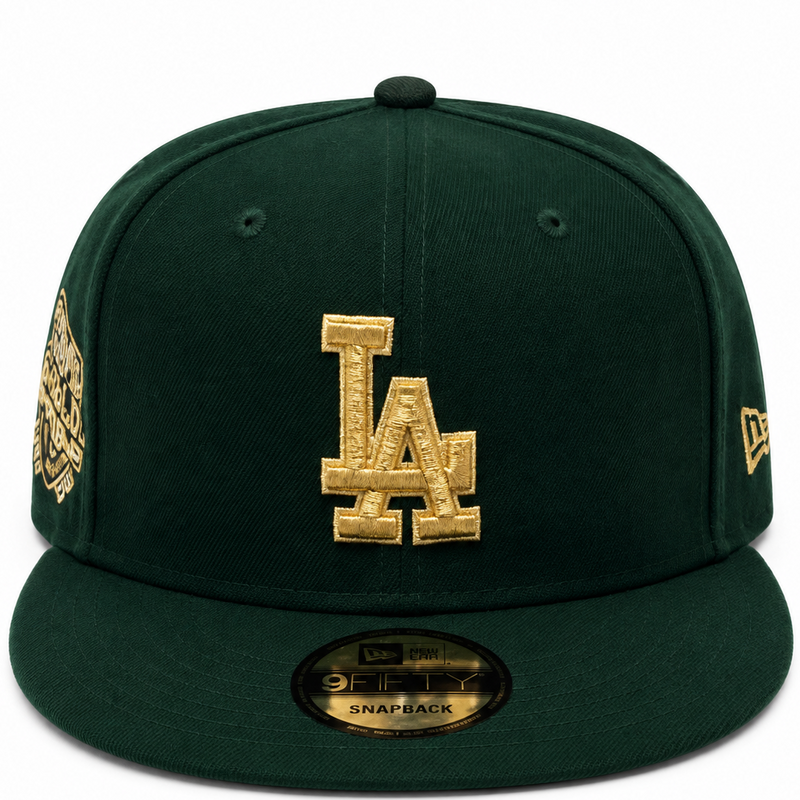 Dodgers green and gold snapback with 50th Anniversary side patch - side view