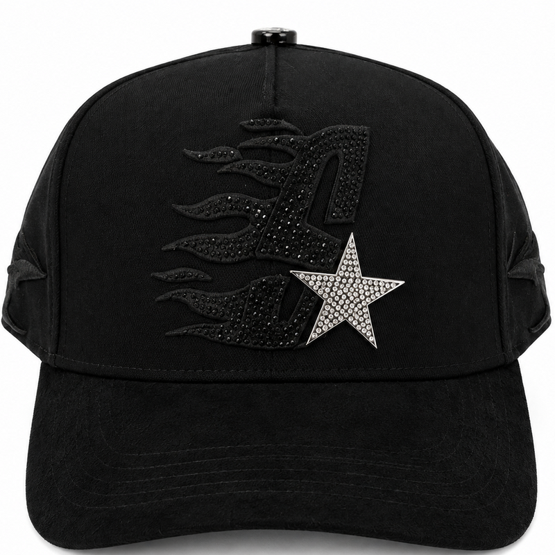 Black rhinestone star flame snapback hat - front view