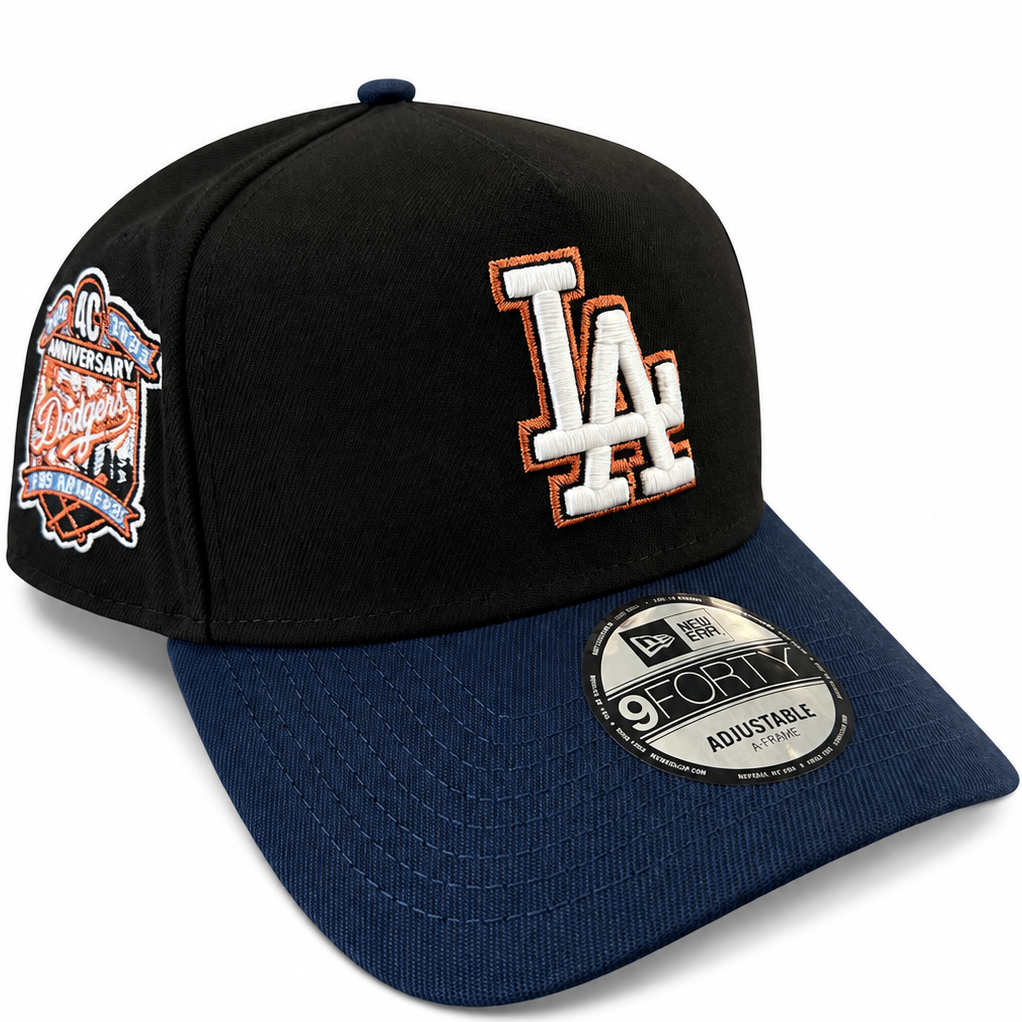 New Era Los Angeles Dodgers black and navy 9FORTY A-Frame cap with orange outline LA logo - front view