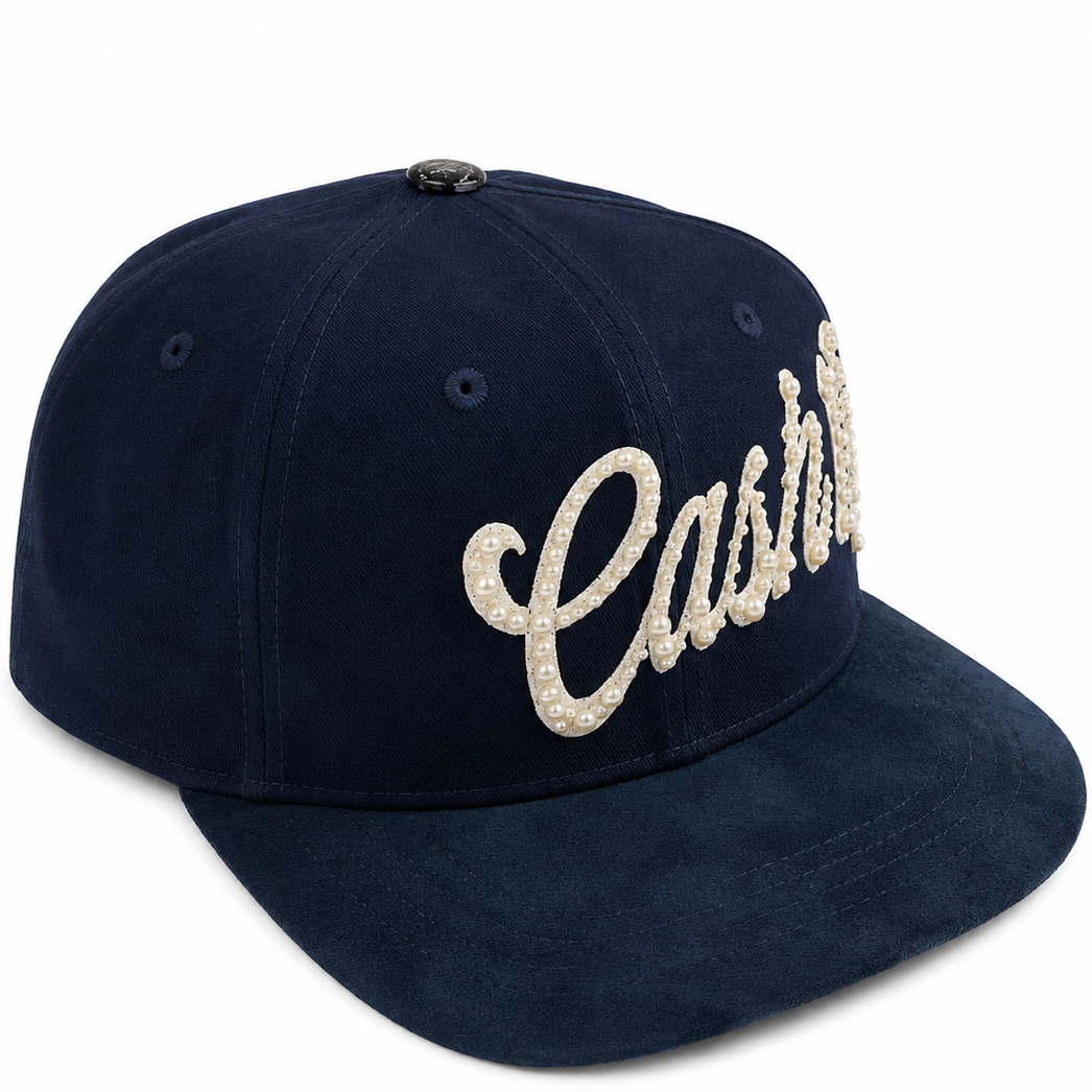 Navy blue Cash Only pearl hat - detail view