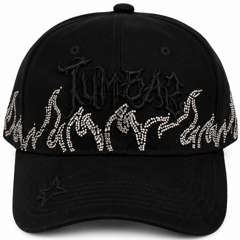 Cash Only black rhinestone flame hat - front view
