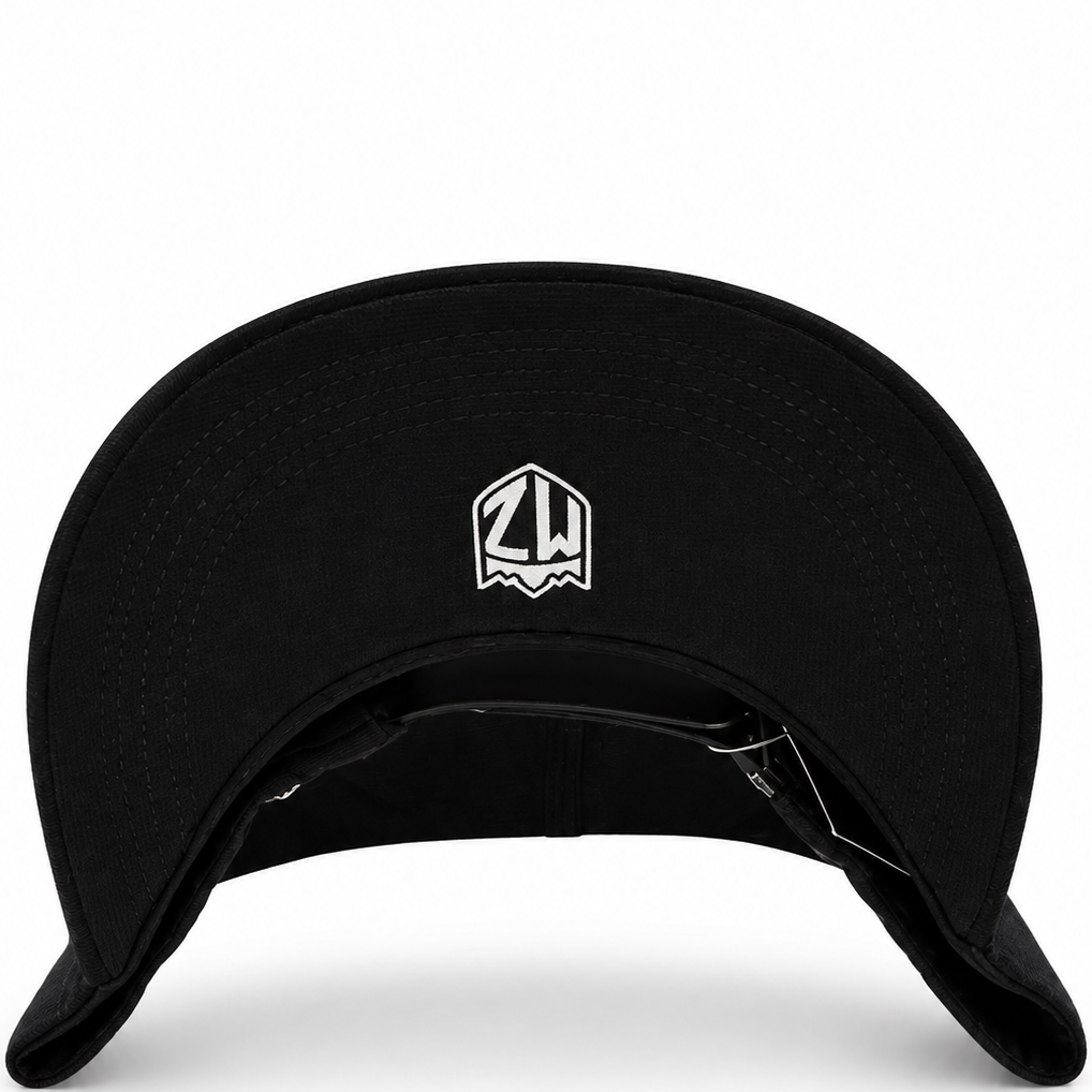San Judas black rhinestone snapback with embroidered brim script - detail view