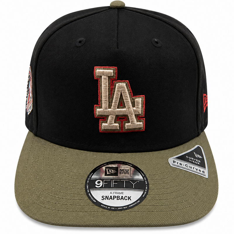 LA Dodgers black and olive snapback with anniversary side patch - side view
