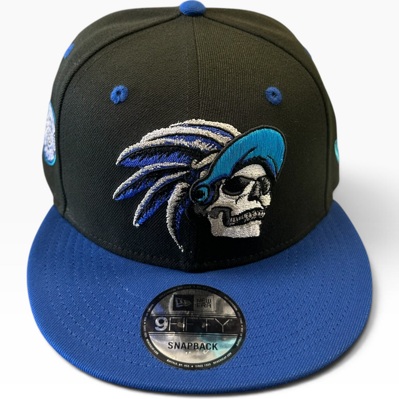 New Era black and royal blue skull graphic 9FIFTY snapback hat - front view