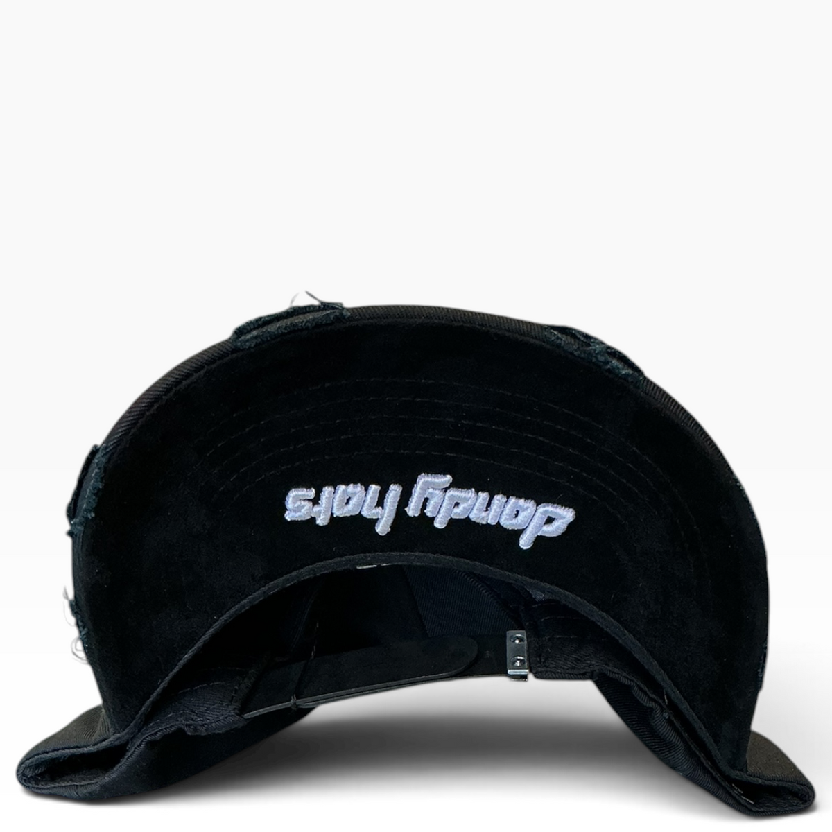 Dandy black Over Everything rhinestone distressed snapback hat - front view