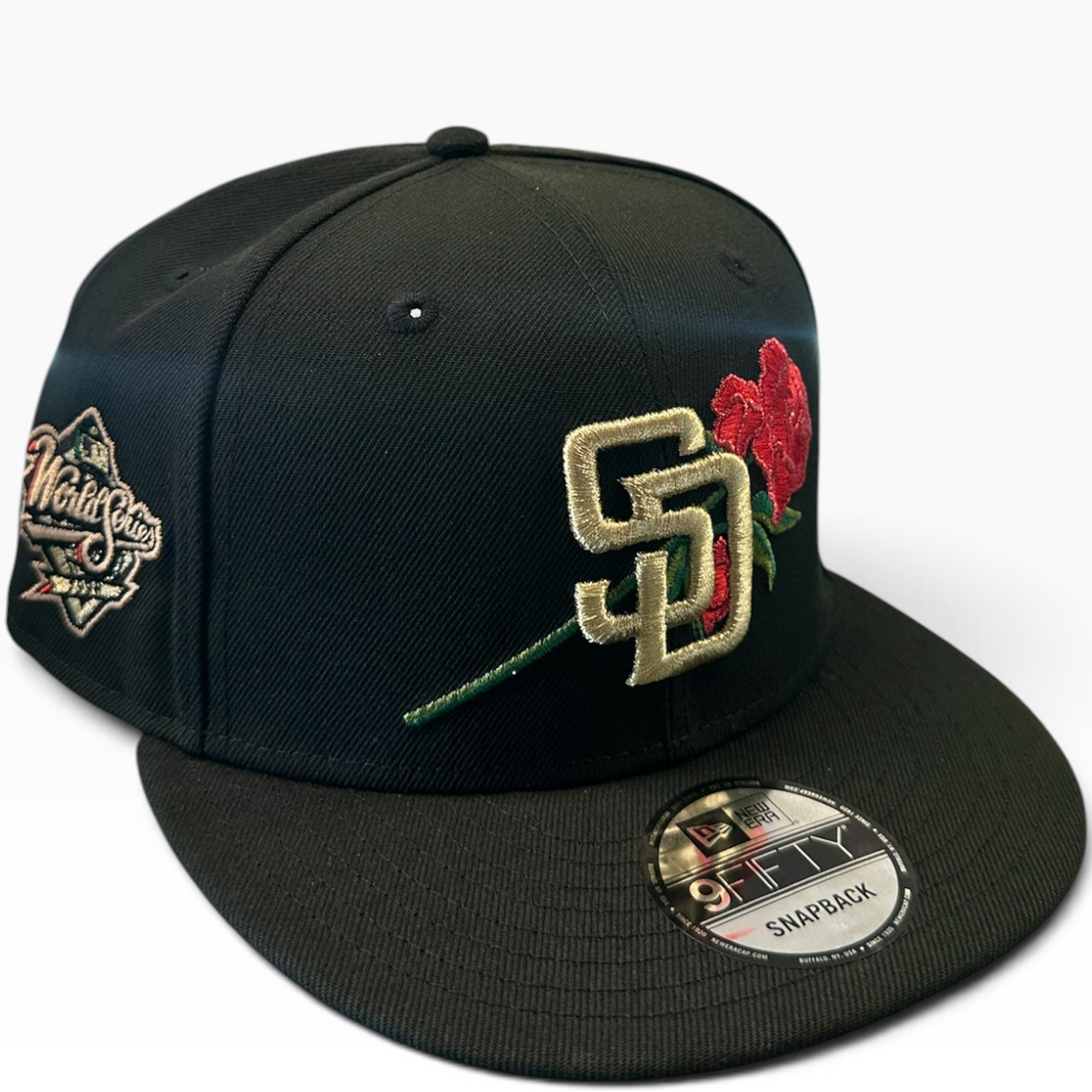 Padres rose snapback with gold SD logo and red rose - side view