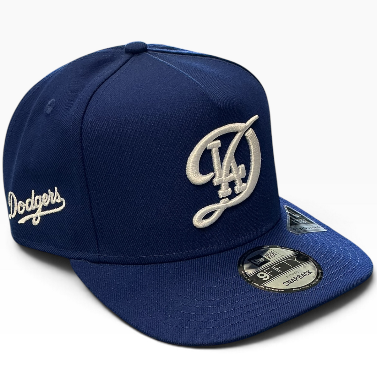 Los Angeles Dodgers script LA navy New Era 9FIFTY A-Frame snapback hat - side view