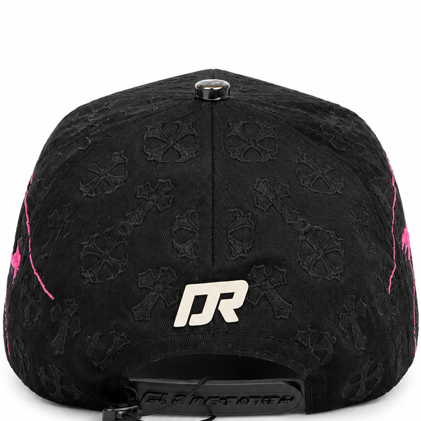 Black and pink gothic hands D snapback hat - front view