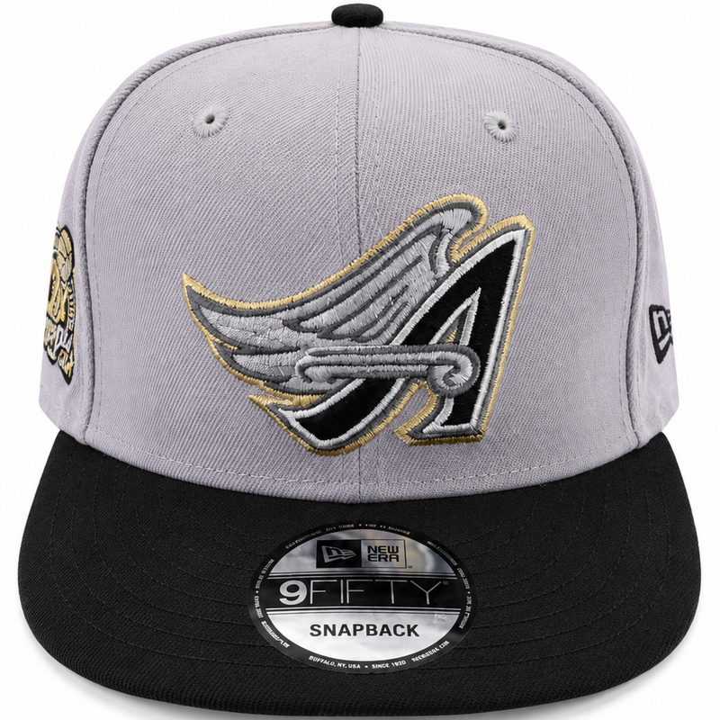 New Era Angels 50th Anniversary gray and black 9FIFTY snapback hat with winged A logo - front view