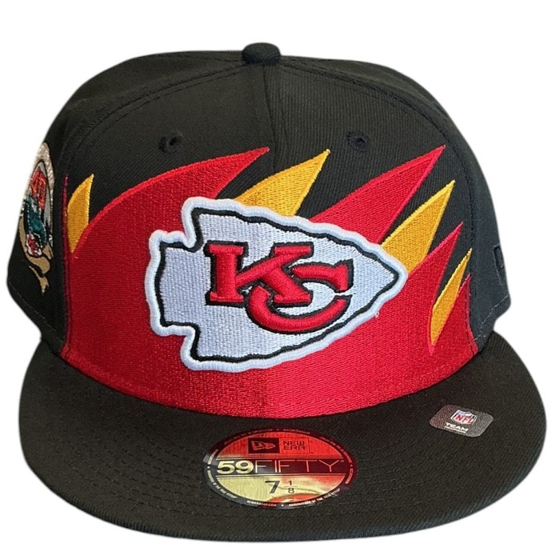 Kansas City Chiefs black flame design New Era 59FIFTY fitted hat - side view