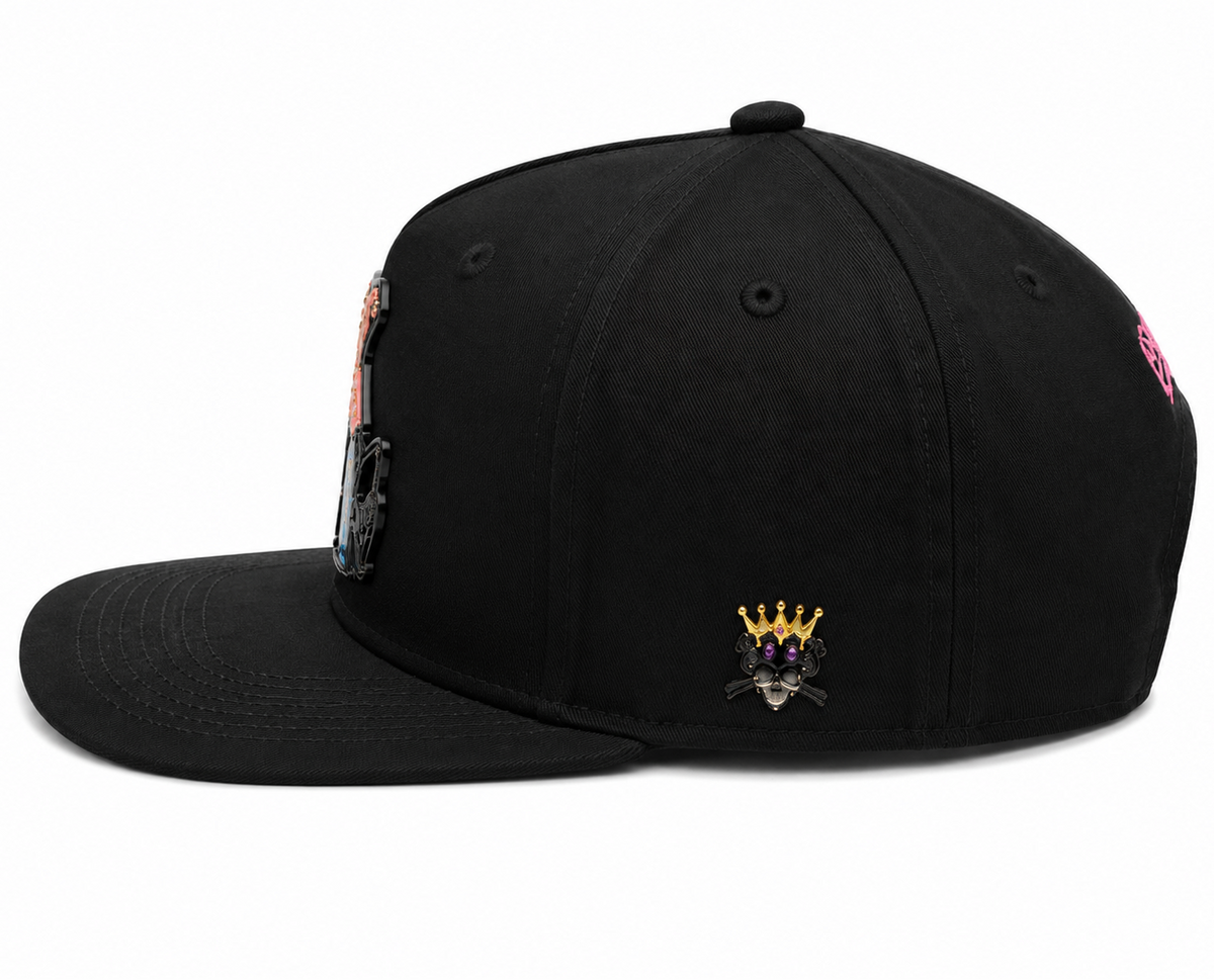 Cash Only black snapback with CASH ONLY back embroidery - back view
