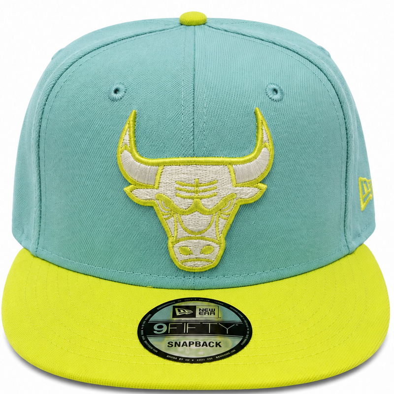 New Era Chicago Bulls teal and neon yellow 9FIFTY snapback hat - front view