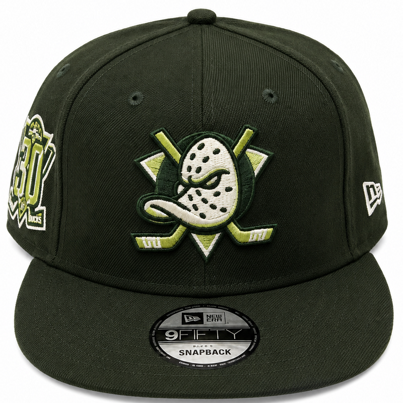 Anaheim Ducks 30th Anniversary dark green New Era 9FIFTY snapback hat - front view