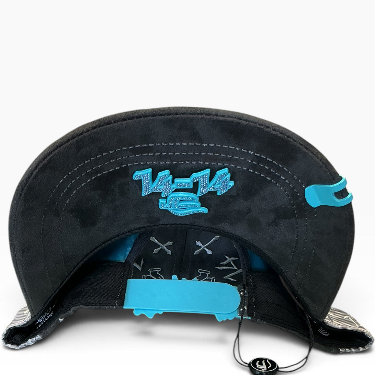 14 black and gray rhinestone cross suede snapback hat - front view