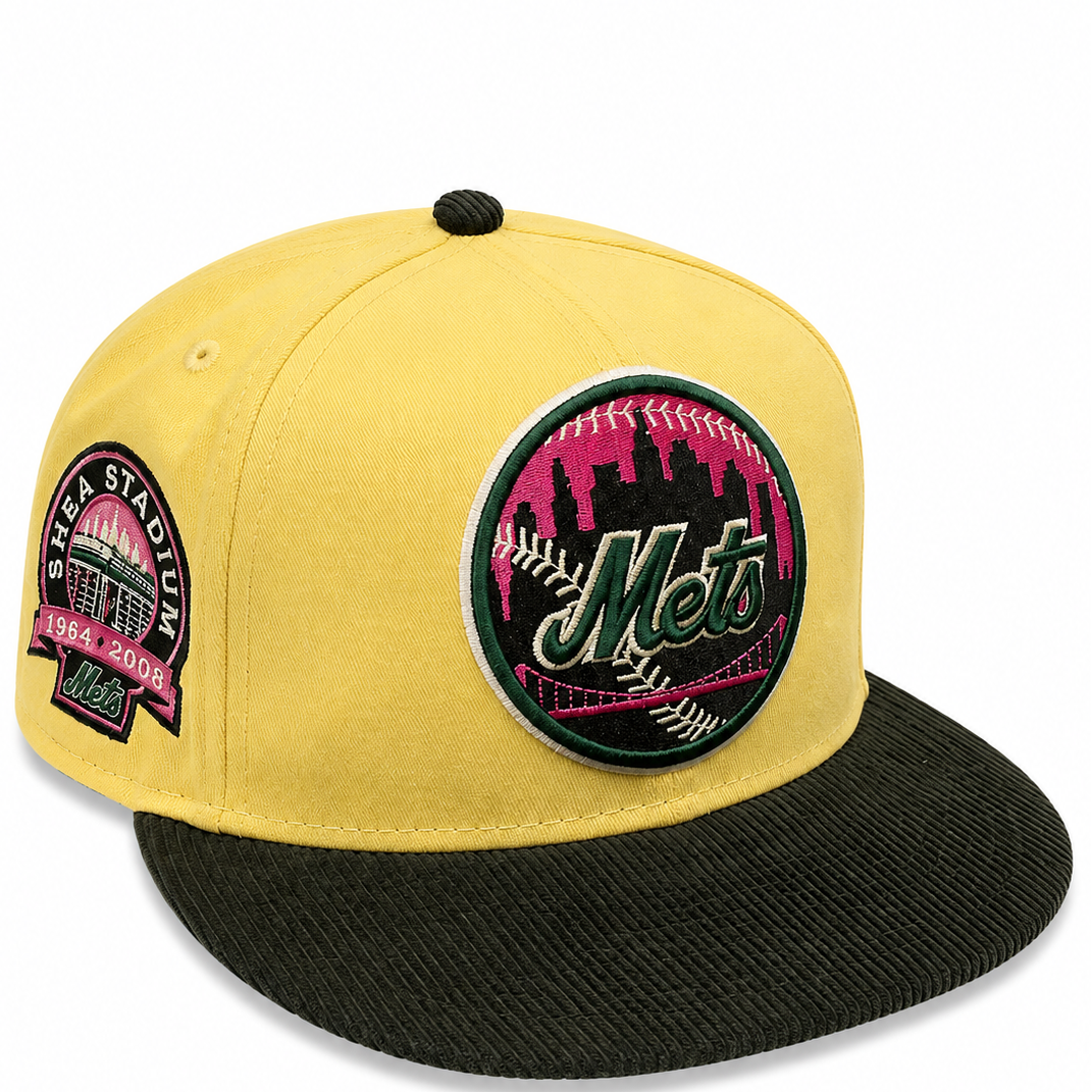 New York Mets yellow/dark green corduroy New Era 59FIFTY fitted hat - front view