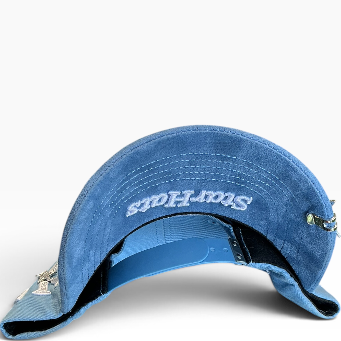 New York NY baby blue rhinestone star adjustable hat - front view