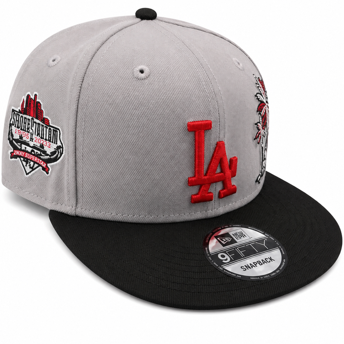 LA palm trees gray and black 9FIFTY snapback hat with red LA embroidery - front view
