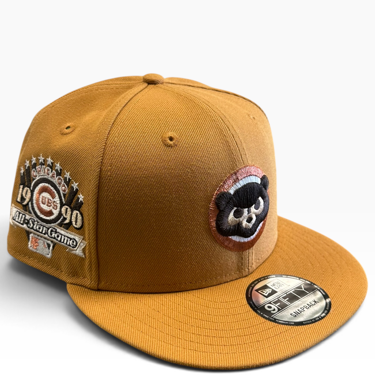 Cubs tan snapback with bear logo and 1990 All-Star Game side patch - side view