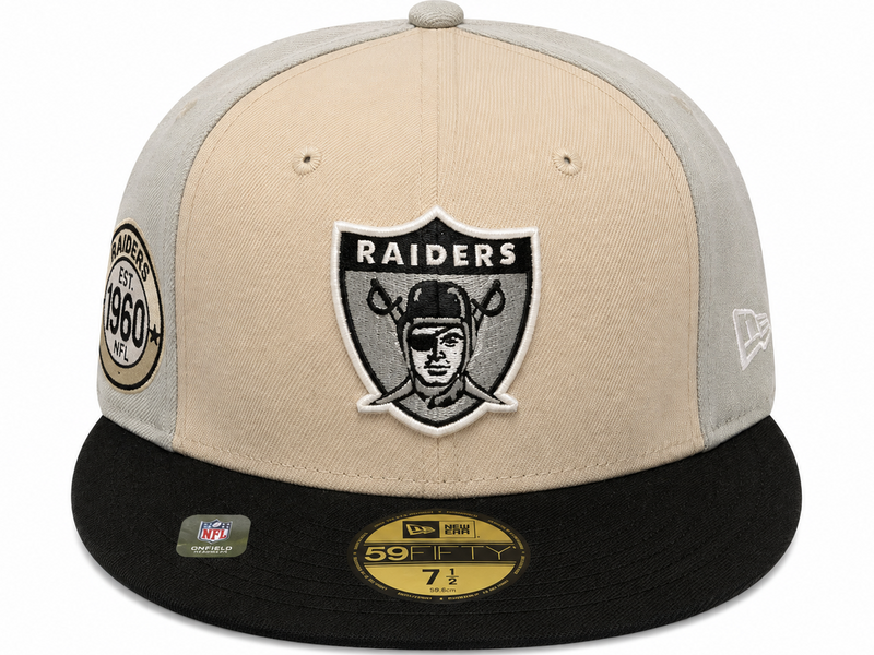 Las Vegas Raiders beige/gray/black New Era 59FIFTY fitted hat - front view