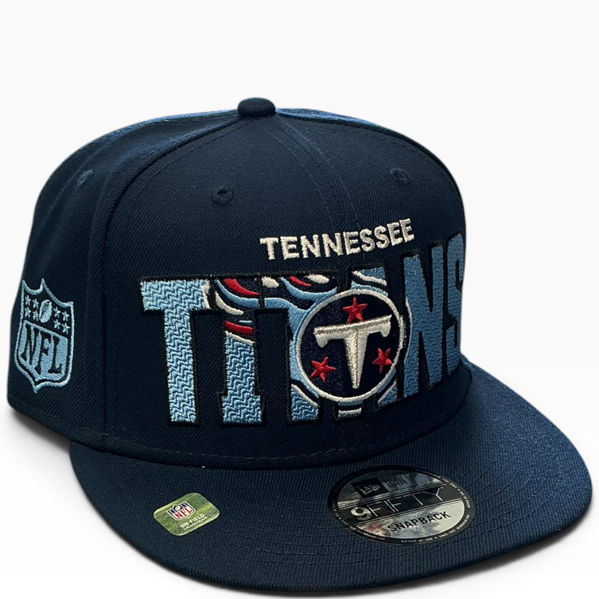 Titans navy snapback with oversized TITANS embroidery - side view
