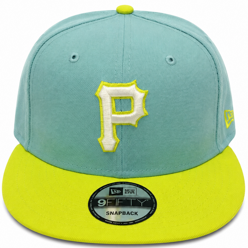 New Era Pittsburgh Pirates teal and neon yellow 9FIFTY snapback hat - front view