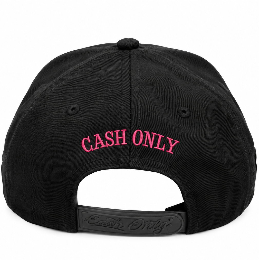 Cash Only black snapback with pink accent embroidery - side view