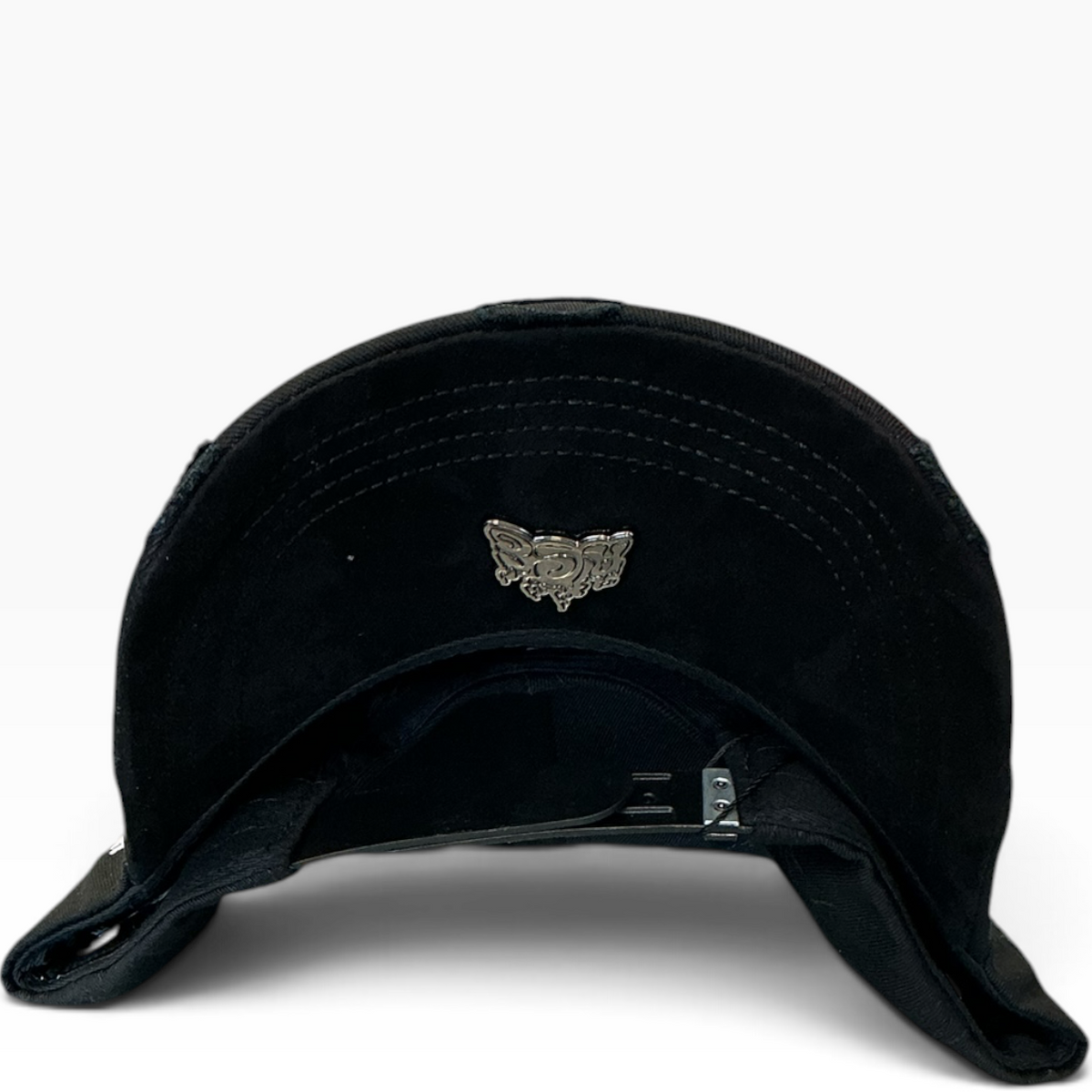 Black rhinestone SB barbed wire distressed snapback hat - front view