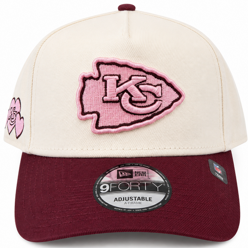 New Era Kansas City Chiefs pink hearts cream and burgundy 9FORTY A-Frame hat - front view