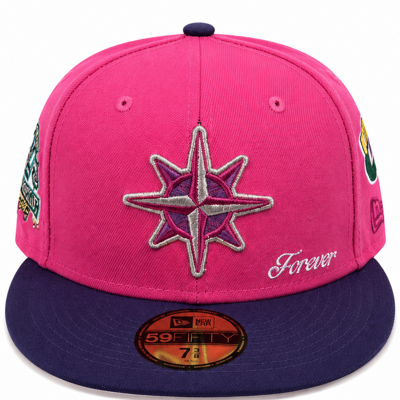 Seattle Mariners pink and purple New Era 59FIFTY fitted hat - back view