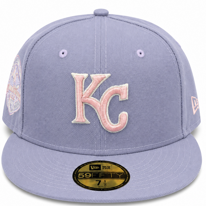 Kansas City Royals lavender and pink New Era 59FIFTY fitted hat - back view