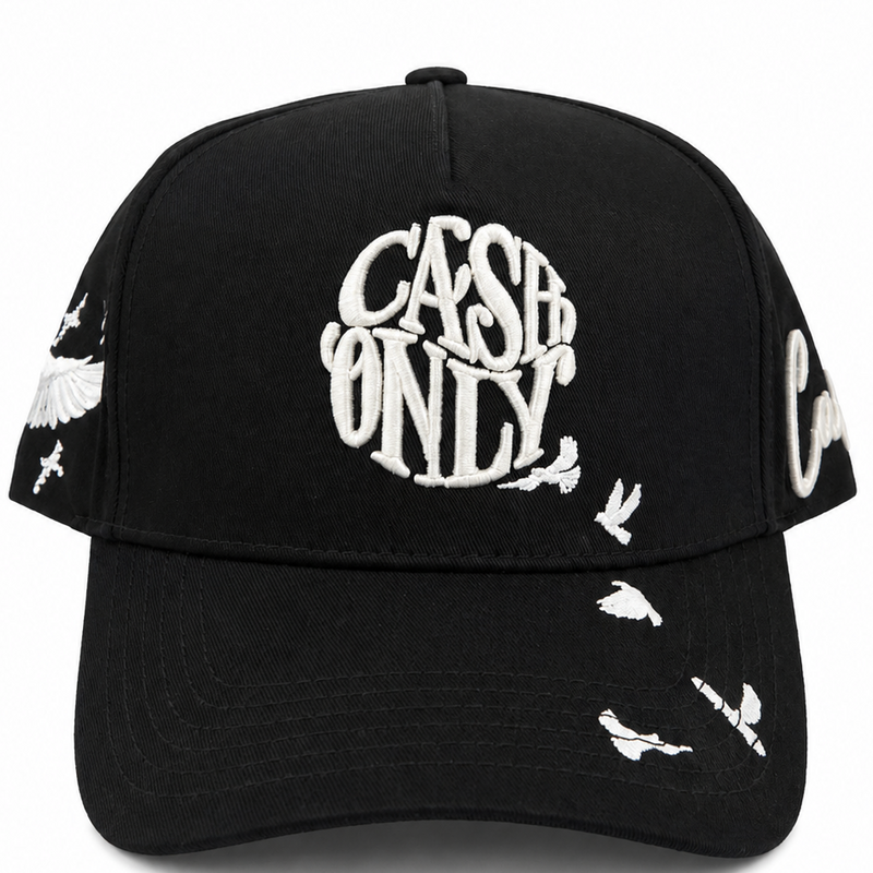 Cash Only black embroidered bird cap with white Cash Only embroidery - front view