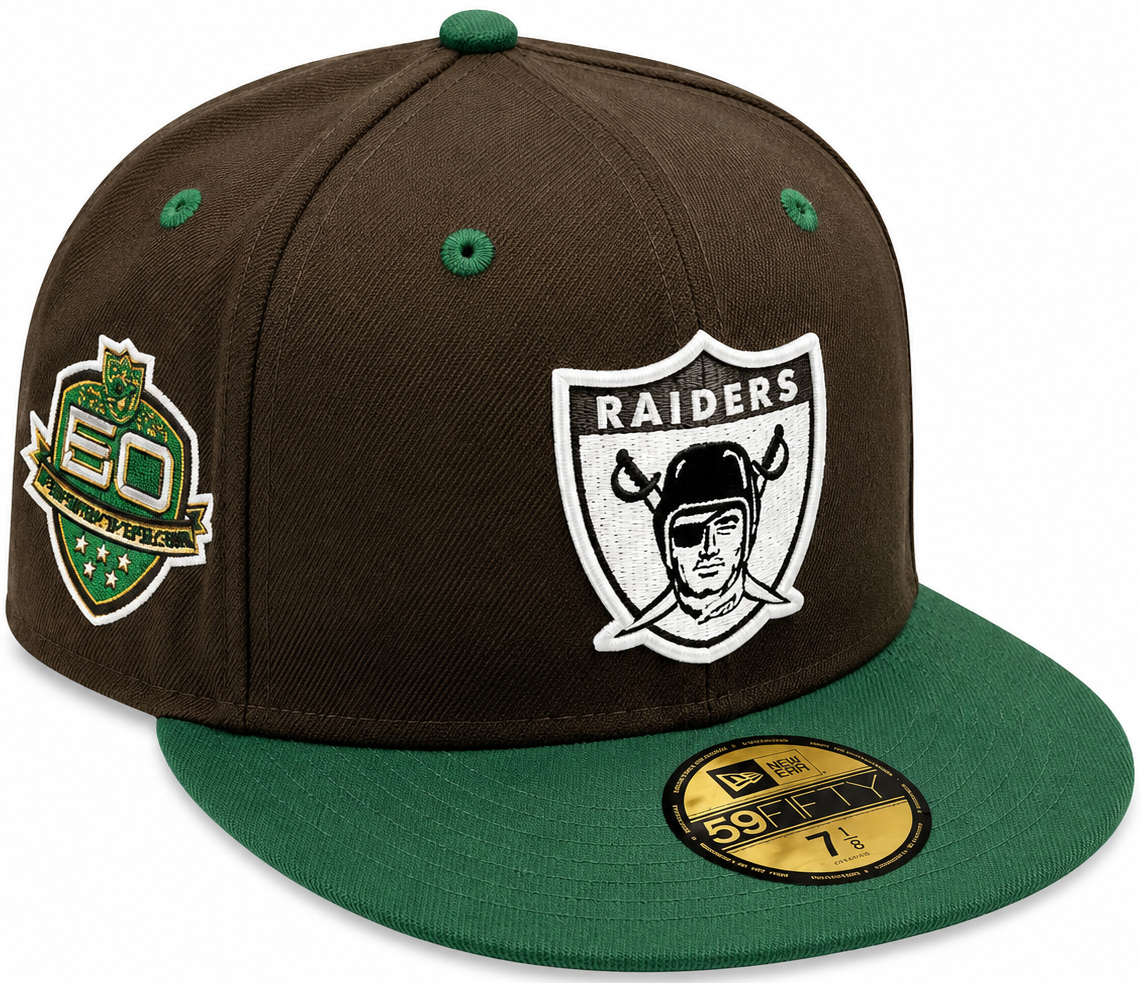 Las Vegas Raiders Brown & Green New Era 59FIFTY fitted hat - front view